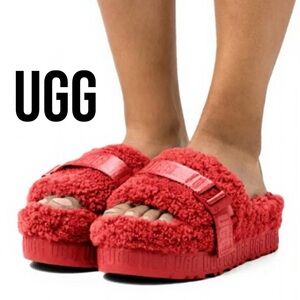 UGG Fluffita Sheep Fur Platform Slippers - Sandals Red size 9 (worn twice)